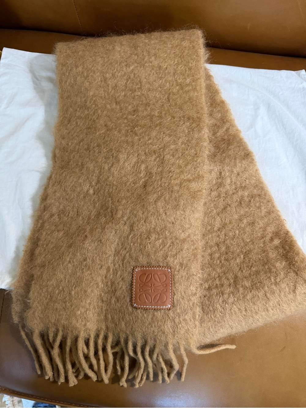 Loewe Camel Brown Fuzzy Wool Scarf with Leather Logo Patch